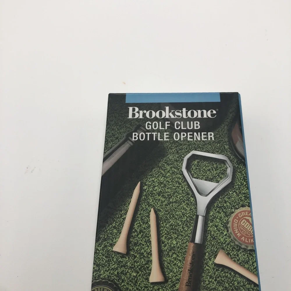 Brookstone Golf Club Bottle Opener Beer Soda New W Box Nickel Plated Wood Accent